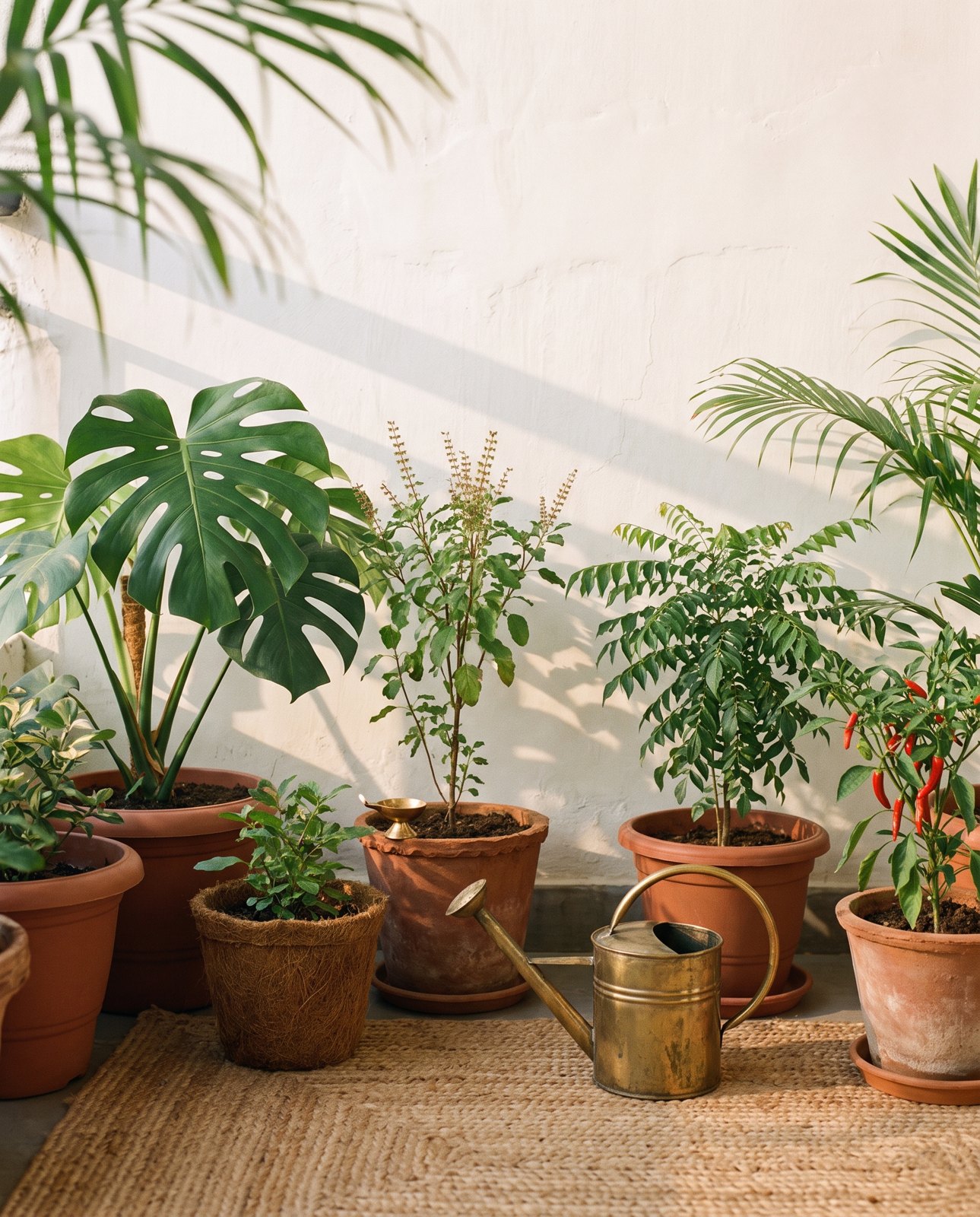 A balcony garden in morning light with terracotta and coir pots