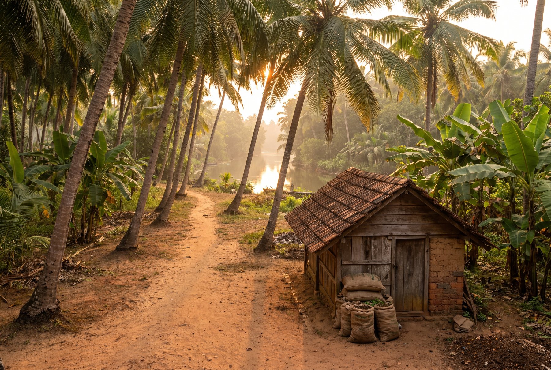 A coconut grove near Perumbavoor with a small packing shed