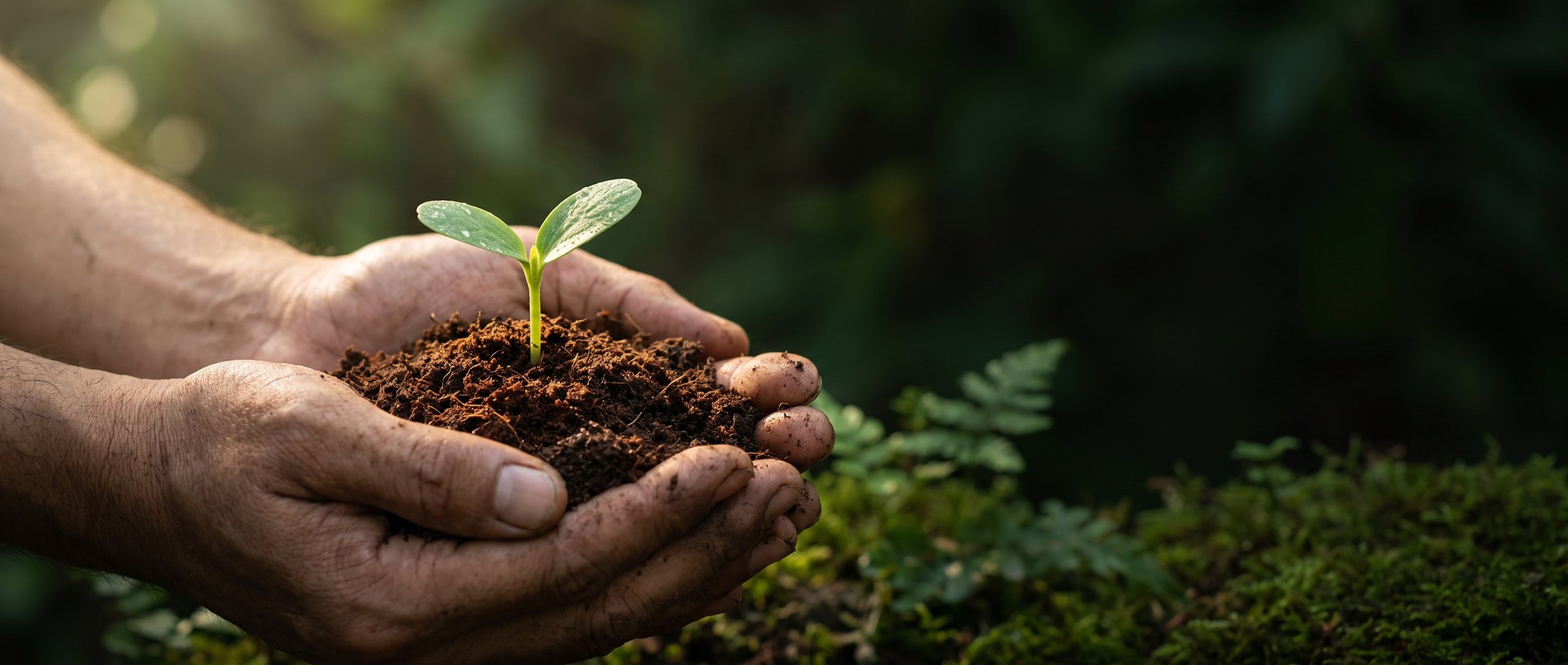 Hands holding dark coir with a young seedling