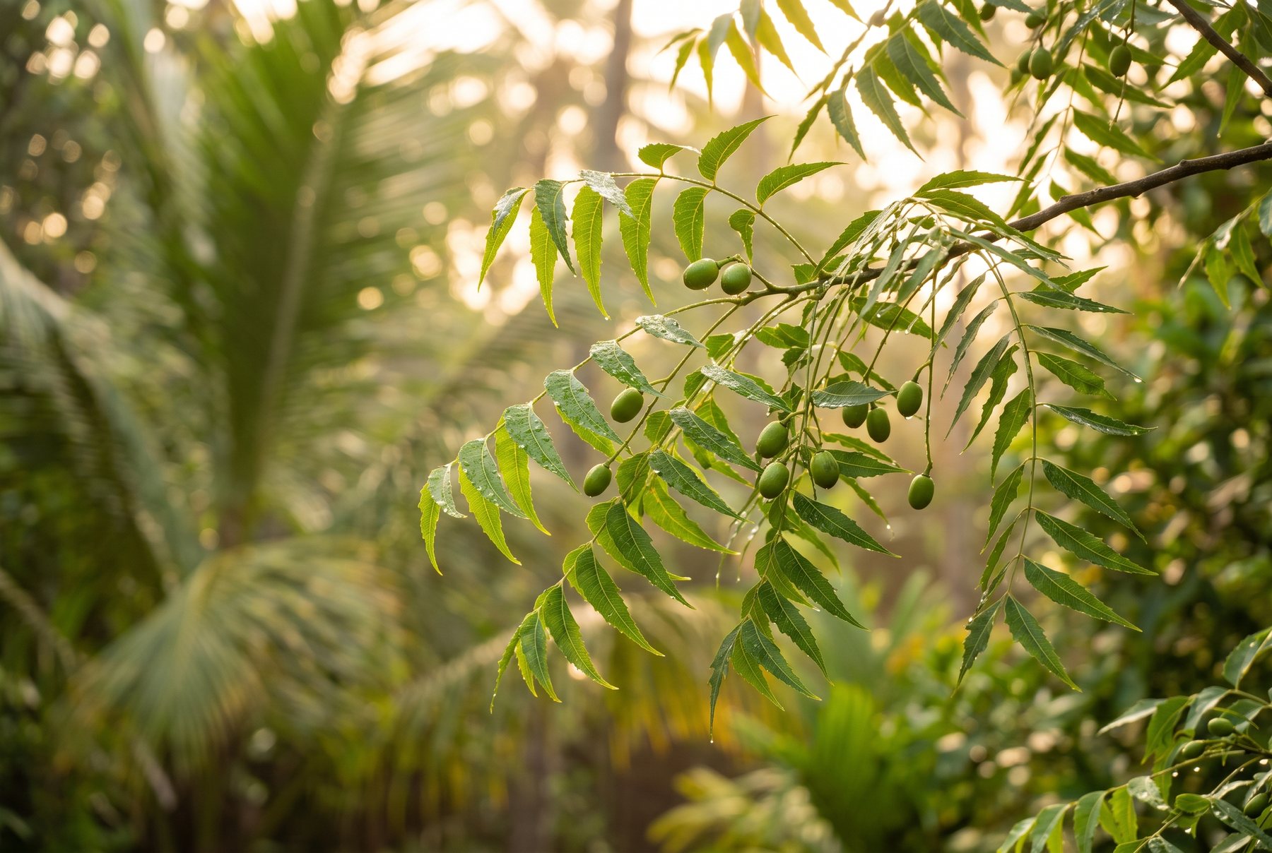 Neem leaves and fruit in morning light
