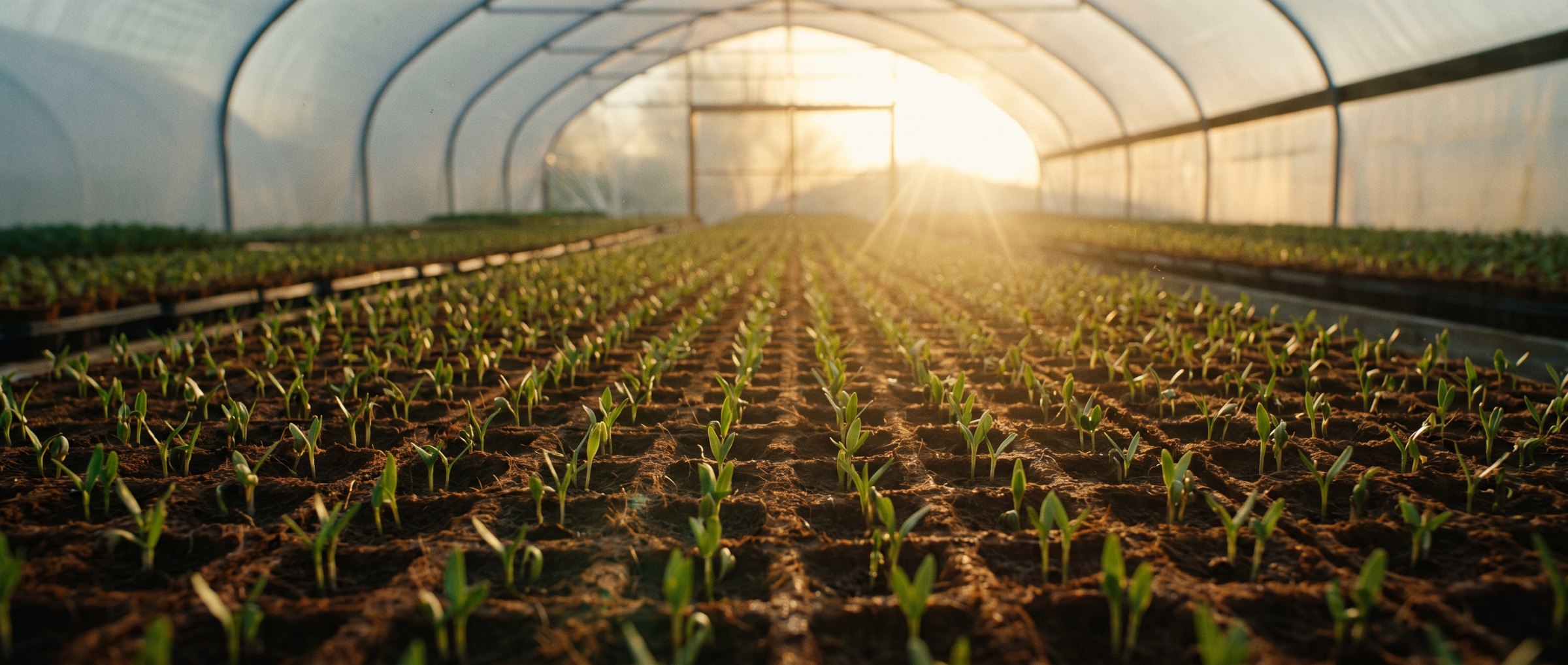 Rows of seedlings growing in a nursery at sunrise