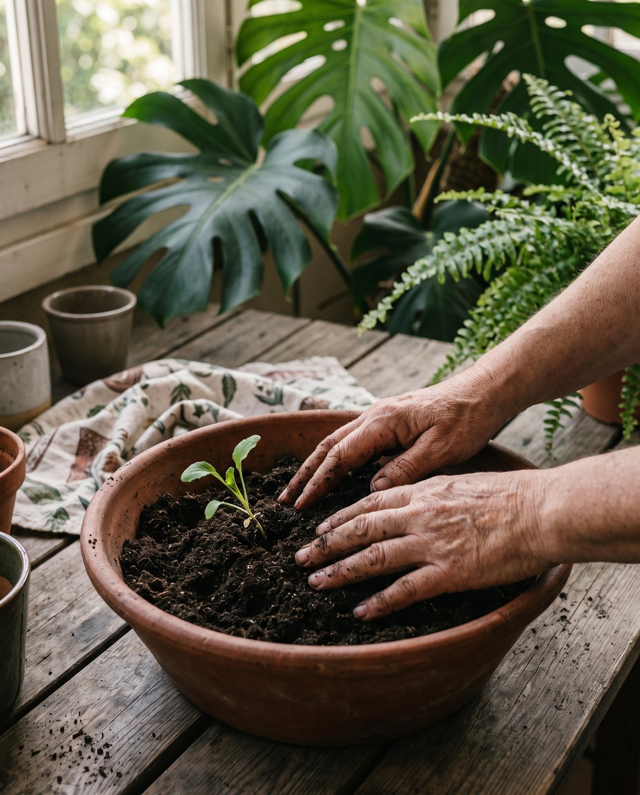 Hands settling a seedling into organic potting mix in a terracotta bowl