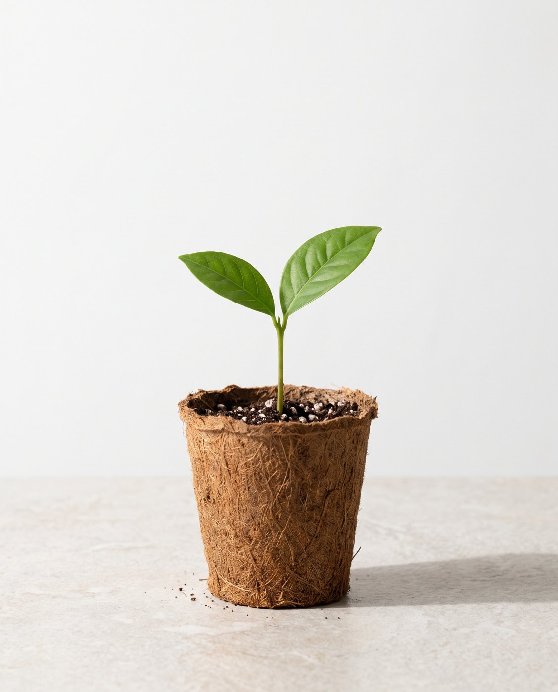 A young seedling growing in a coir pot