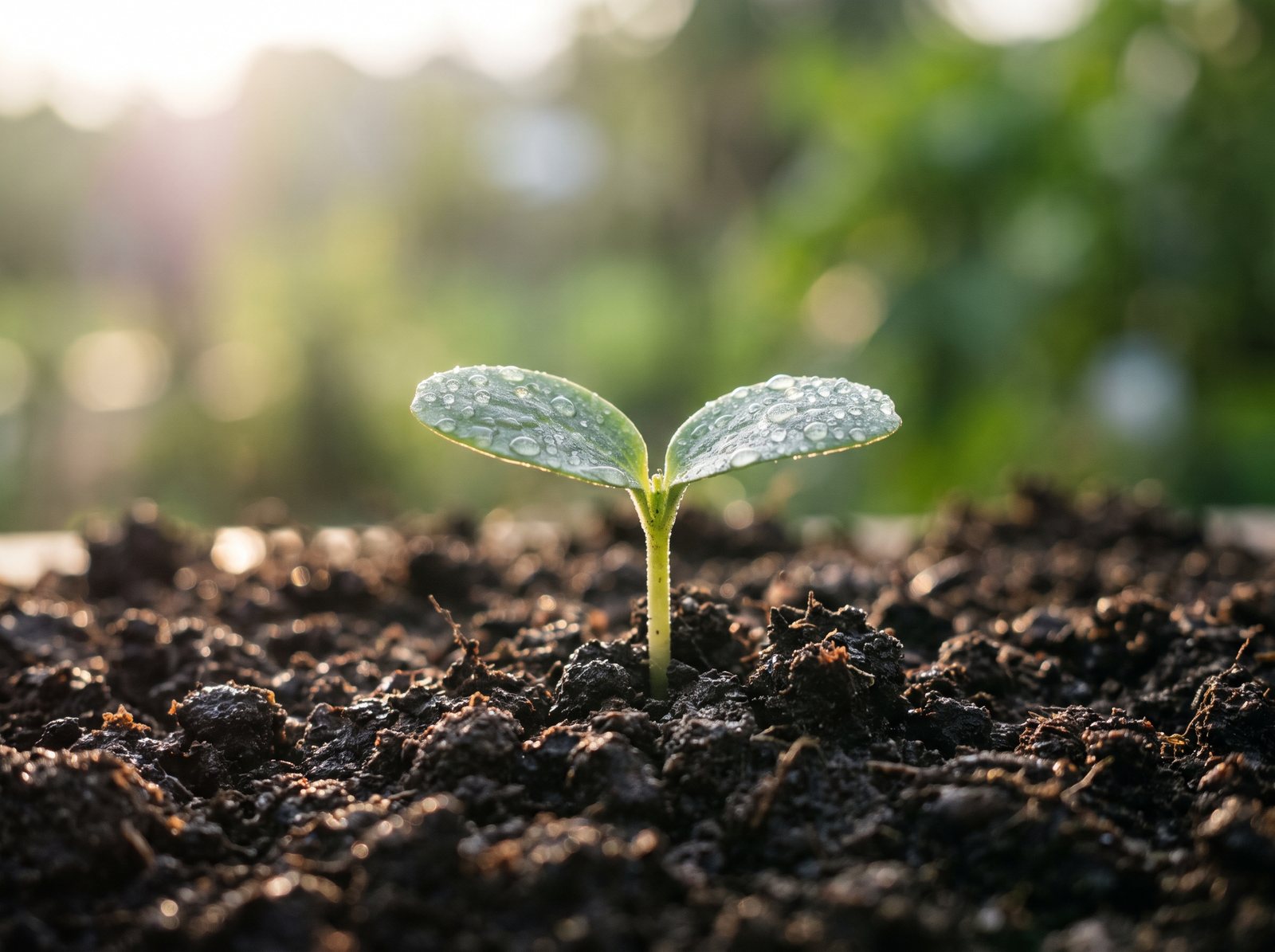 A seedling breaking through dark organic soil